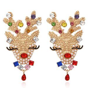 Christmas Themed Rudolf Reindeer Earrings With Rhinestone , Stud Backs